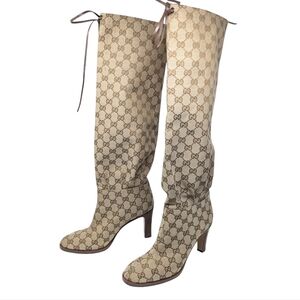 Gucci Lisa Iconic GG Monogram Canvas Knee High Heeled Boots Size EU 39